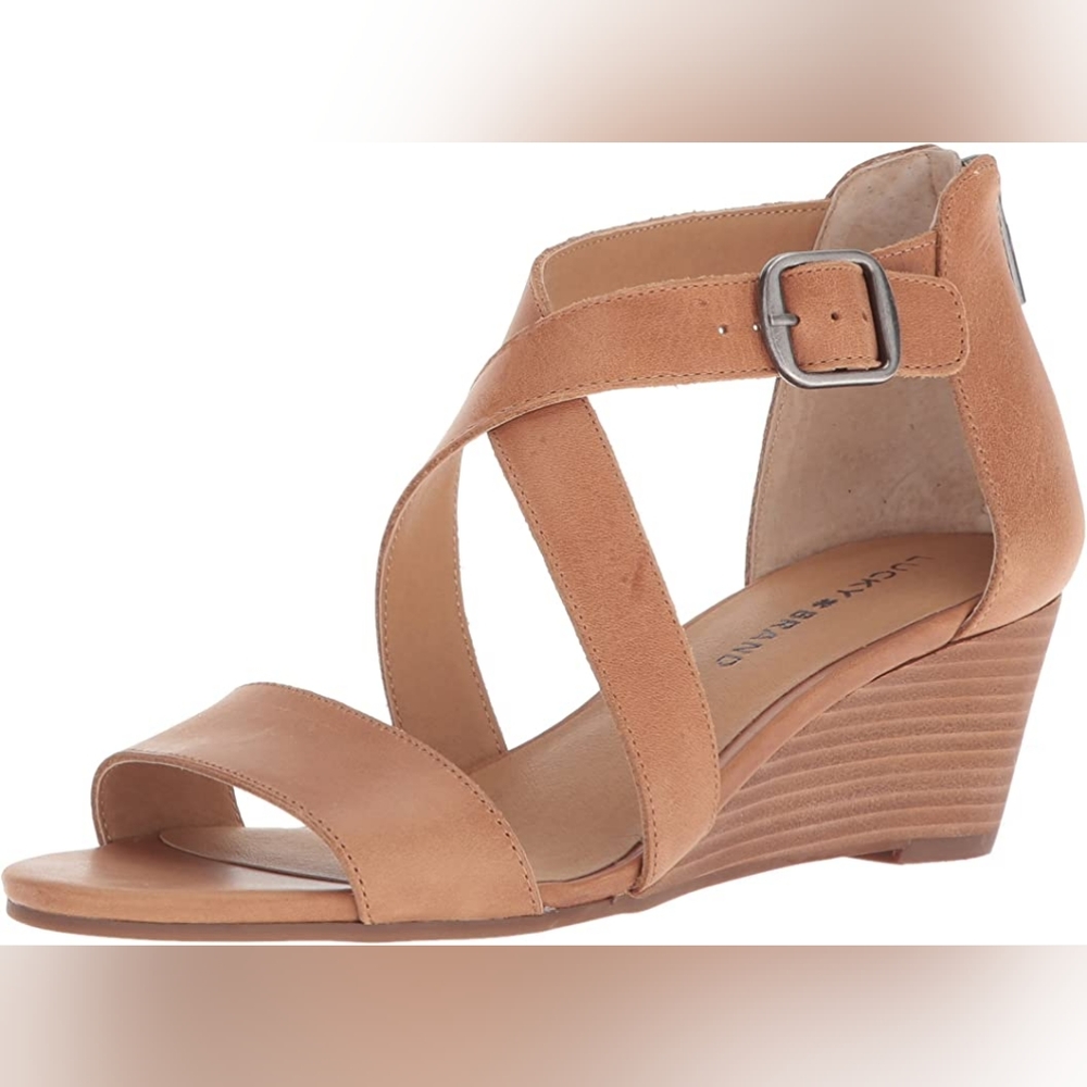 Lucky BRAND Women's Lk-Jenley Leather PEEP Toe Wedge Sandal Camel Size 8